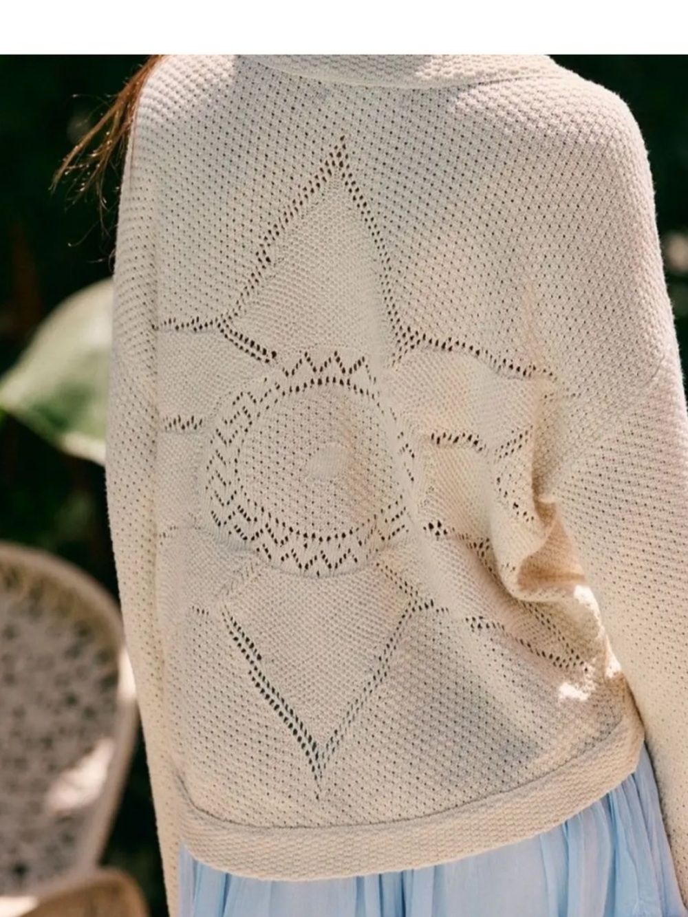 Free People Cream Openwork Crew Neck Sweater